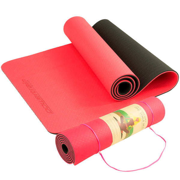 Powertrain Eco-Friendly Dual Layer 8mm Yoga Mat | Red Blush | Non-Slip Surface and Carry Strap for Ultimate Comfort and Portability