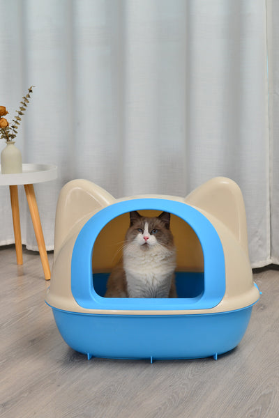 Large Hooded Cat Toilet Litter Box Tray House With Scoop Blue